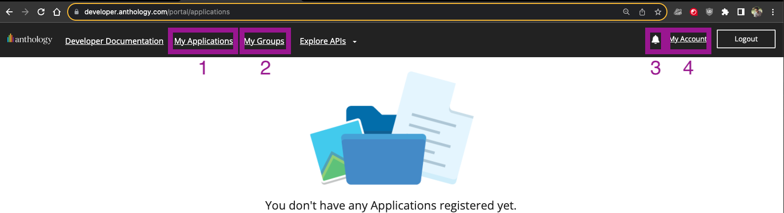 Developer portal menu when logged in