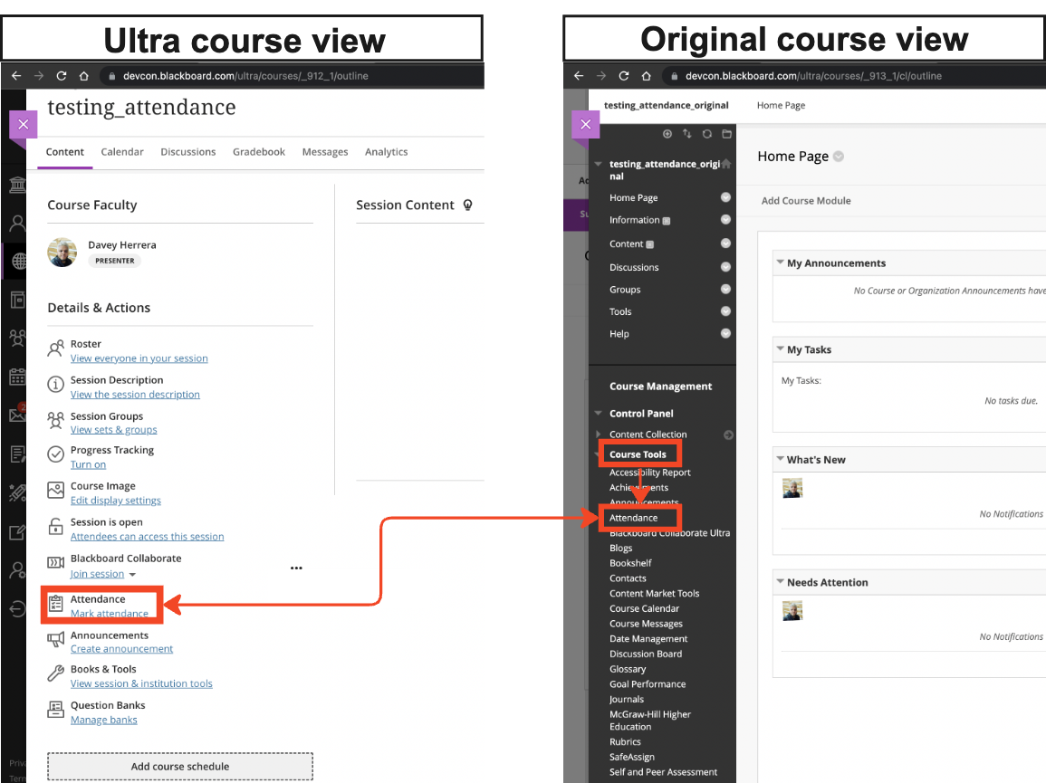 Image showing the location of attendance in original and Ultra course