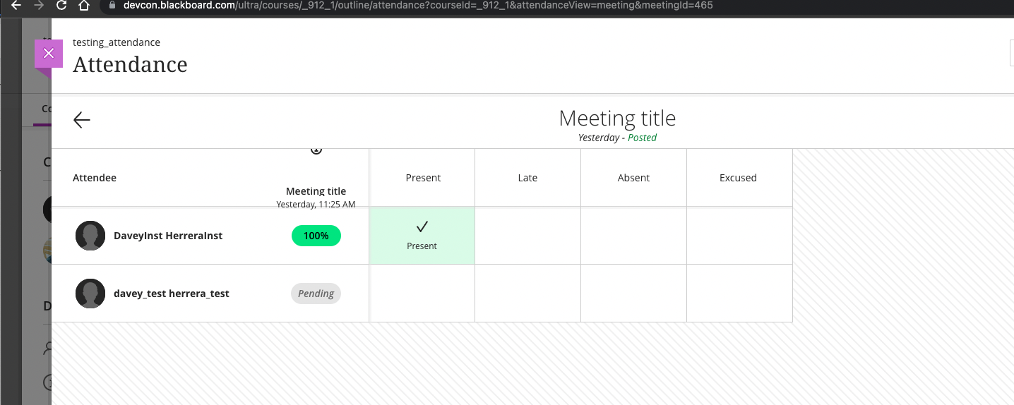 A meeting in Ultra course view with an attendance record