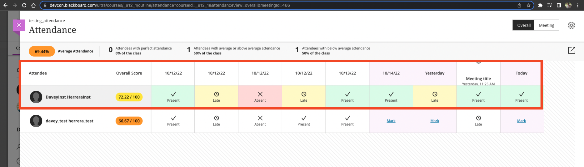 A meeting in Ultra course view all the meetings and attendance for one user marked with their status