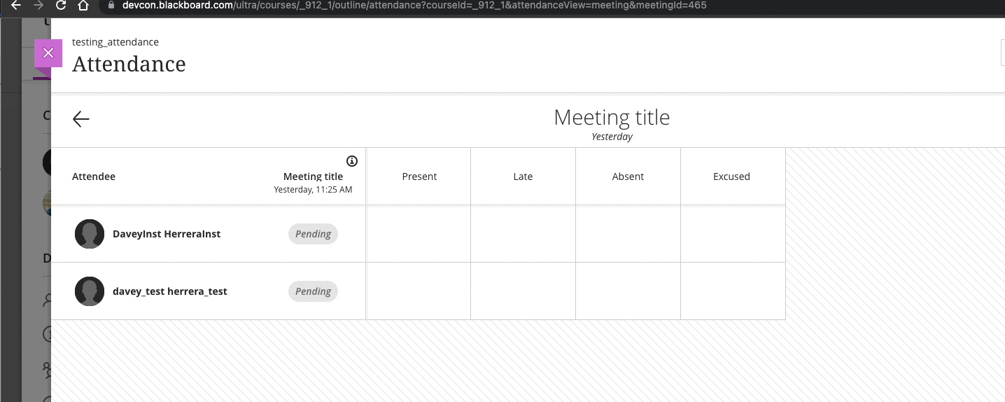 A meeting in Ultra course view with no attendance records