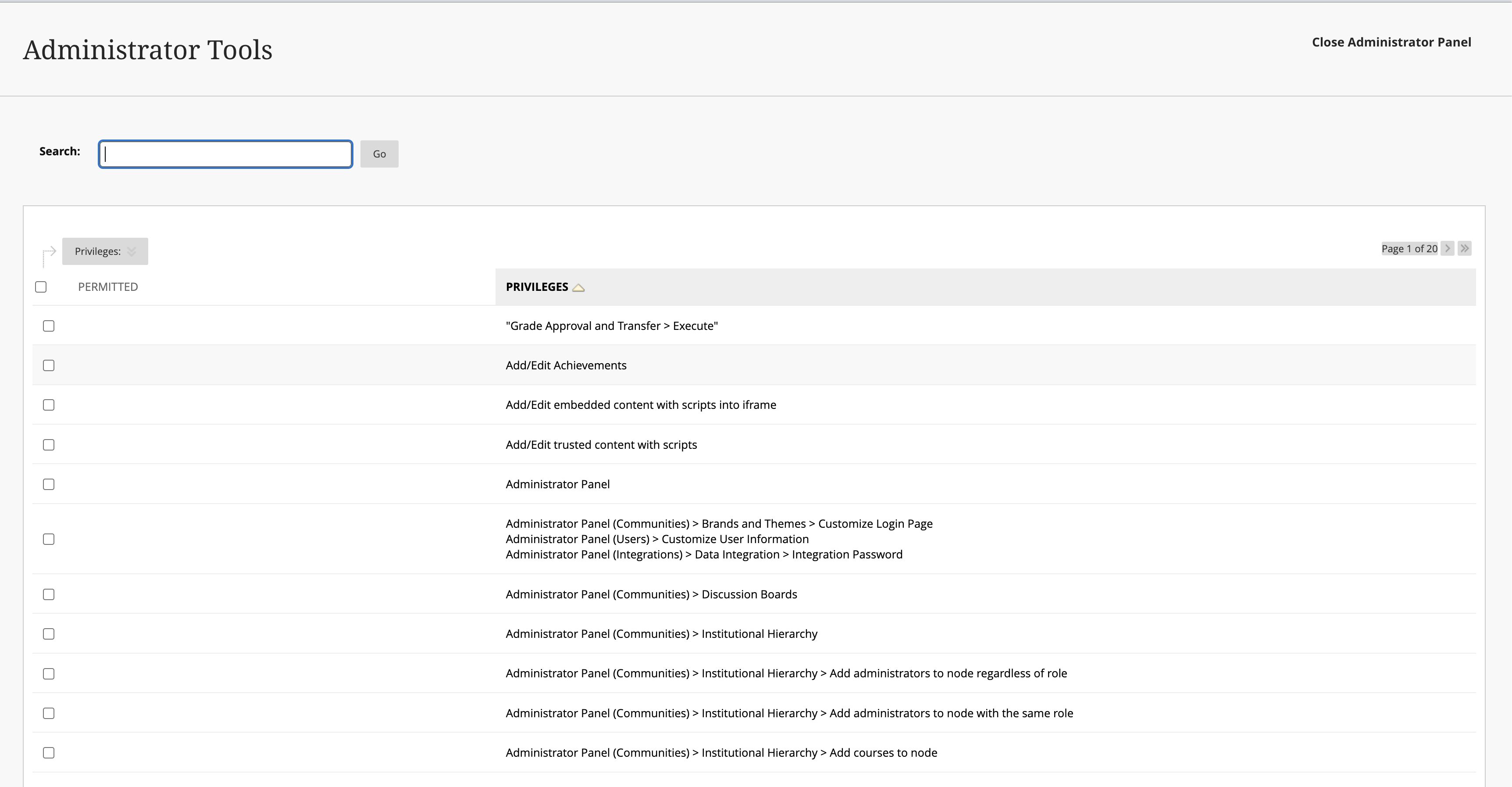 A screenshot of Learn privileges