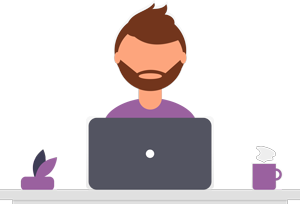 llustration of a young man sitting in front of a laptop with a cup of coffee