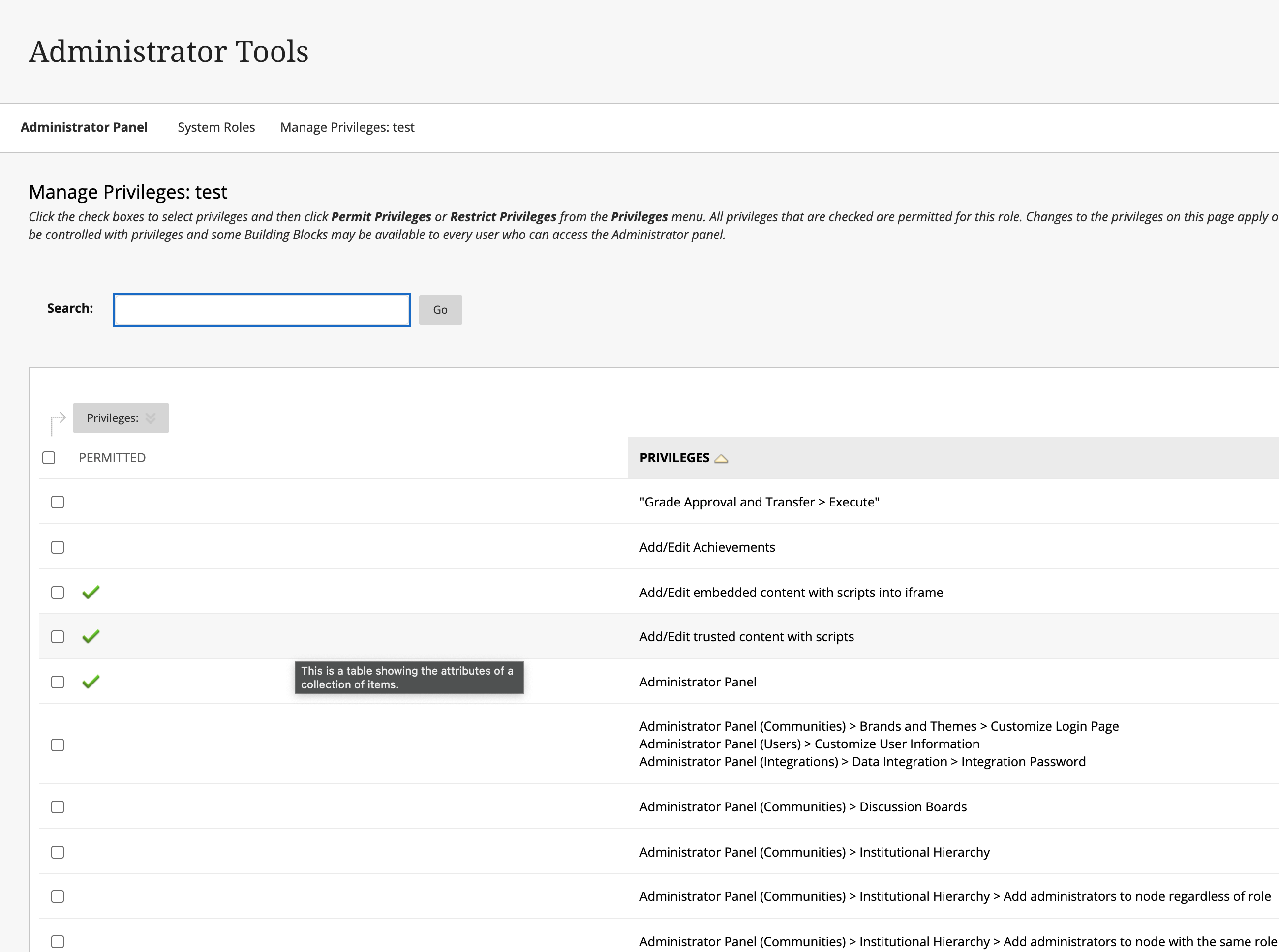 a screen shot of system role privileges before running the bookmarklet